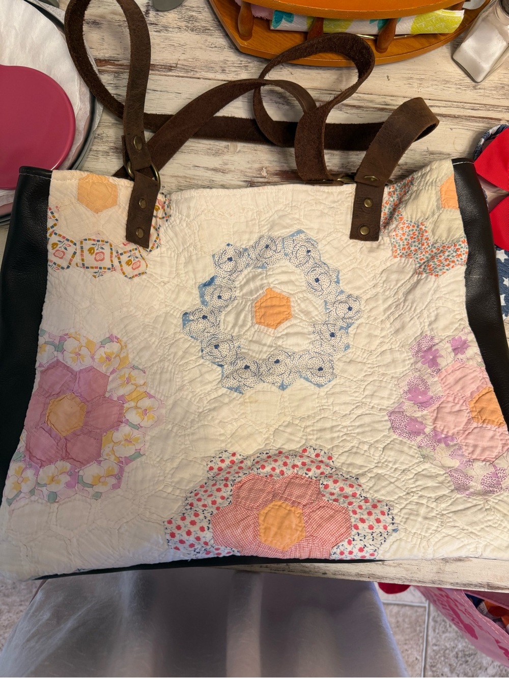 Handmade Quilted Purse/Tote Bag with Leather Straps
